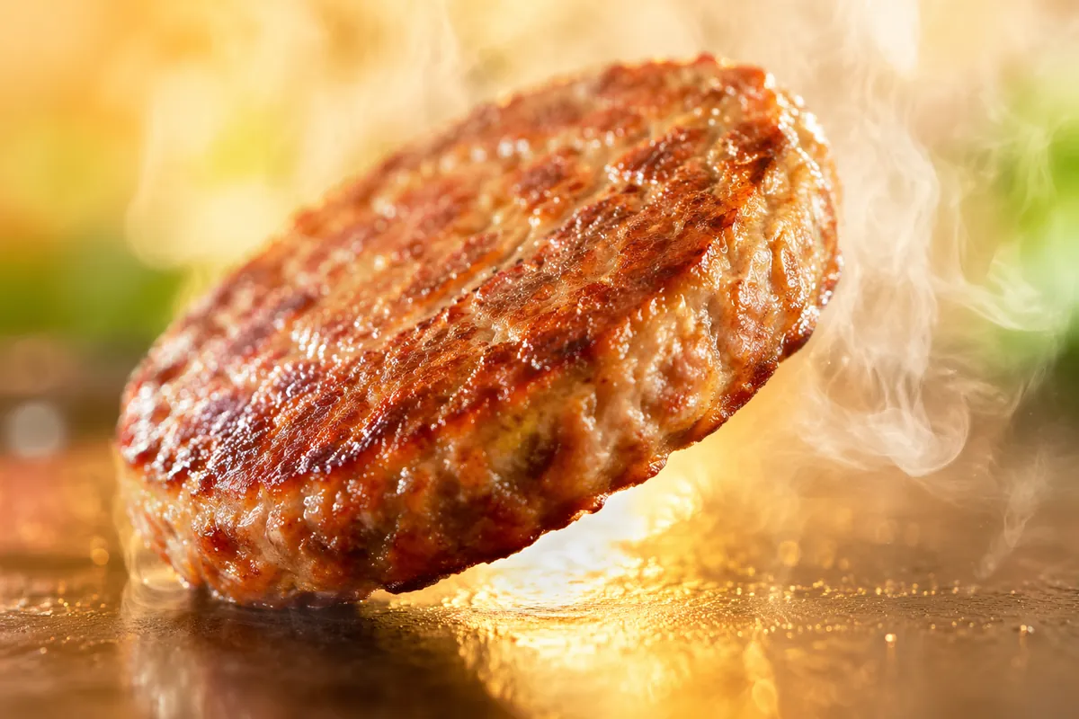 Plant-based burger patty searing on a hot griddle, the cooking step where fat release and juiciness are judged